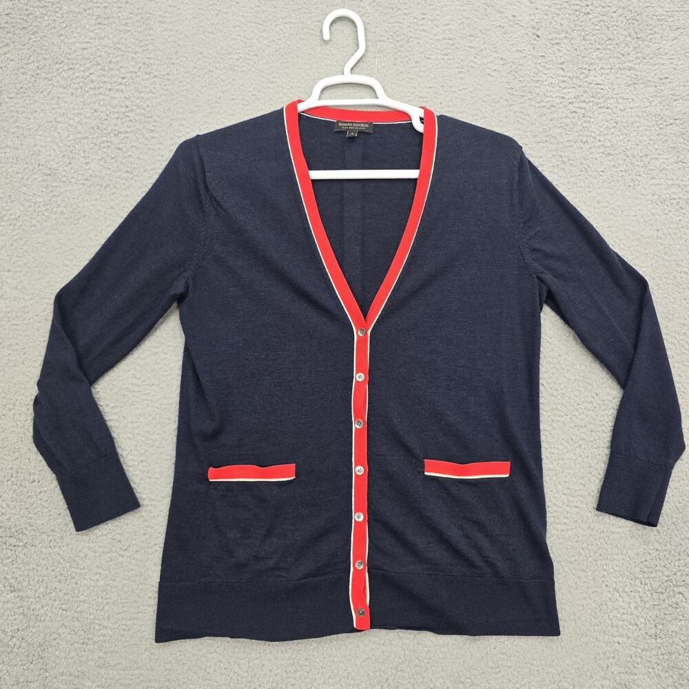 Banana Republic Merino Wool Boyfriend Cardigan Womens L Navy Red Sweater